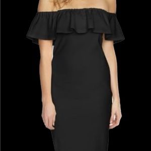 Black “Off The Shoulder” Ruffle Midi Pullover Dress with Back Split, Size Large